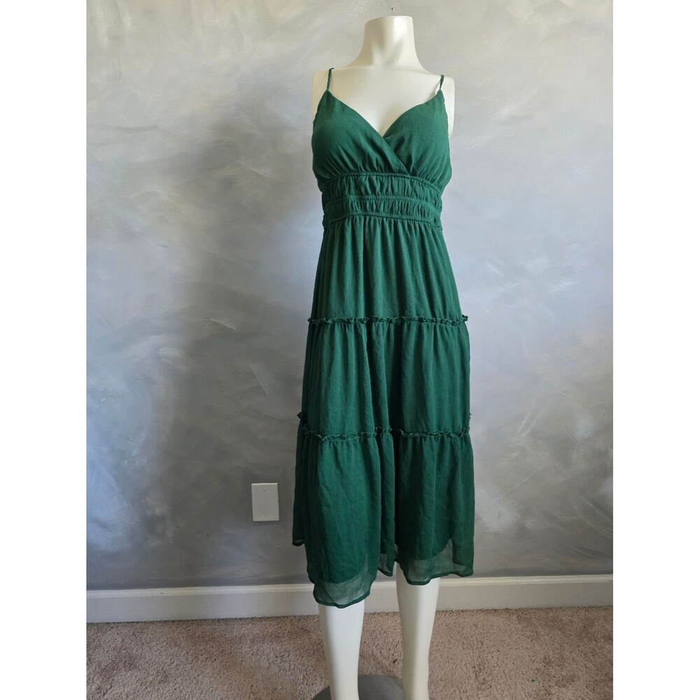 Women's Sleeveless Deep Green V Neck Dress Ruffle Tiered Midi Sz L Babydoll - Picture 2 of 9